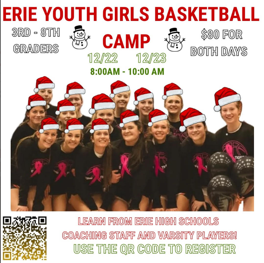 Group of girls in basketball uniforms, wearing Santa hats, promoting a youth basketball camp on December 22-23.
