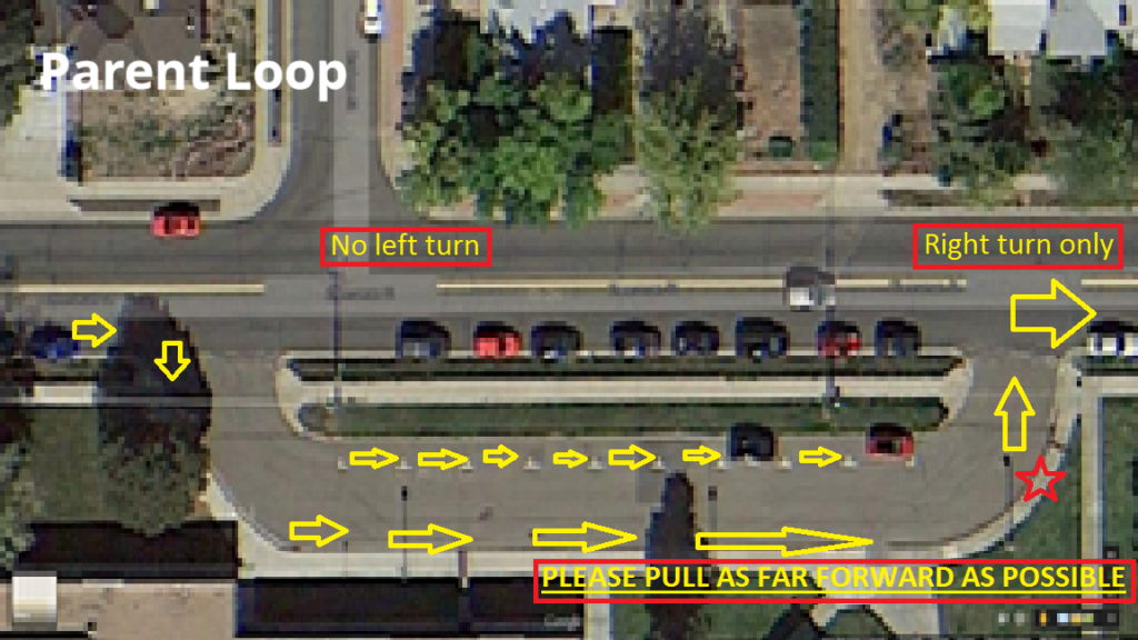 Ariel photograph of our parent loop used for drop off and pick up.  Yellow arrows mark the flow of traffic.