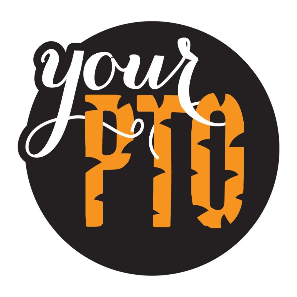 Nuestro logotipo EMS PTO.  Es un círculo negro con Your en blanco y PTO en naranja con estampado de tigre.