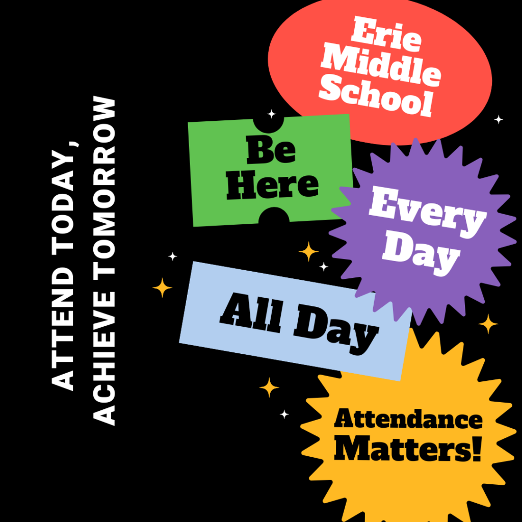 Graphic.  Black background. Red circle that says Erie Middle School. Green square that says Be Here. Purple starburst that says Every Day. Light blue rectangle that says All Day.    Yellow starburst that says Attendance Matters!  White wording that is on the left of the graphic that says Attend Today, Achieve Tomorrow