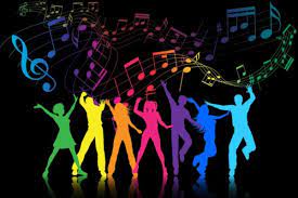 Gráfico de personas bailando con notas musicales sobre ellas.
