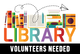 Graphic of the word Library with books and a paper air plane flying over the books.  Under that are the words Volunteers Needed in white lettering.