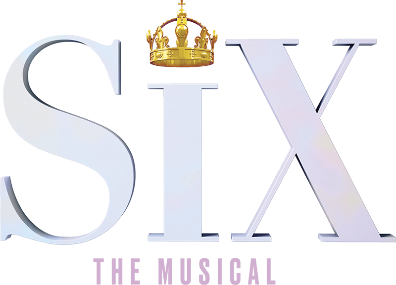 Graphic for the musical SIX.  Six is in white lettering with a gold crown over the "I" and the words The Musical in pink lettering