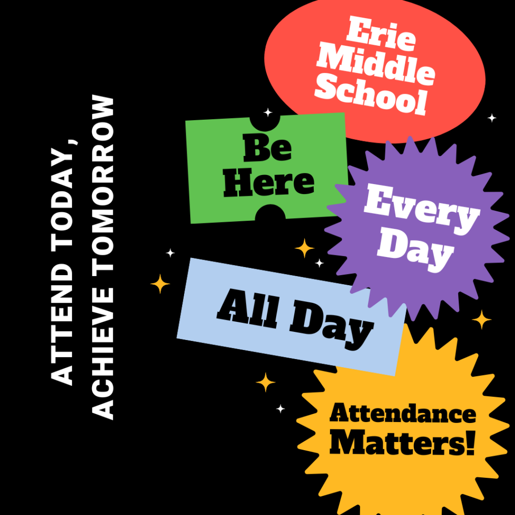 Graphic that says Erie Middle School, Be Here, Every Day, All Day, Attendance Matters.  Attend Today, Achieve Tomorrow