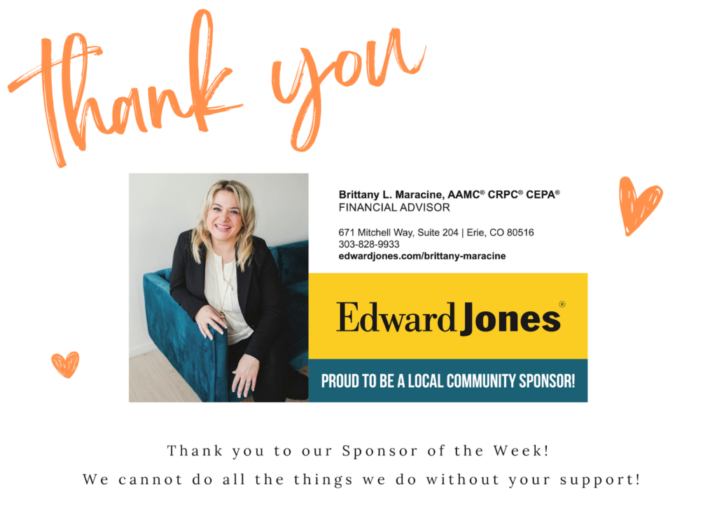 Graphic that says Thank you to our Sponsor Brittany Maracine and Edwards Jones Financial