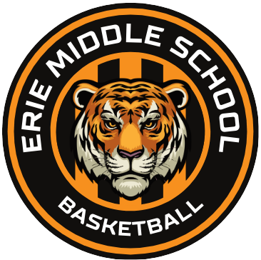 The logo features a fierce, detailed tiger's face at the center, surrounded by an orange and black circular design. The tiger has a powerful expression, with sharp eyes and bold stripes on its face. Behind the tiger's head are vertical black stripes, creating a background that highlights the tiger's presence. Surrounding the central design, there is a border with the word "BASKETBALL" at the bottom and Erie Middle School at the top, indicating that the logo represents a basketball team, possibly with a tiger as its mascot. The orange and black color scheme adds intensity and energy to the design.