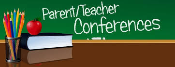 Parent/Teacher Conferences Image Description:

The background is a green chalkboard with the words "Parent/Teacher Conferences" written in white, resembling chalk handwriting.
In the foreground, there is a stack of books on the right side of a wooden desk. A red apple sits on top of the stack.
To the left of the books, there is a cup filled with colorful pencils.
The image conveys the theme of education and communication between parents and teachers.