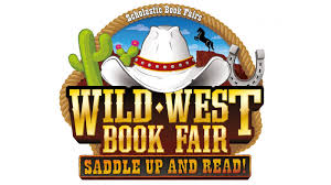 Scholastic Book Fairs' logo for the Wild West Book Fair. The design features a cowboy theme with a white cowboy hat, a cactus on the left, a horseshoe on the right, and a silhouette of a horse in the background. The text reads: 'Wild West Book Fair – Saddle Up and Read!