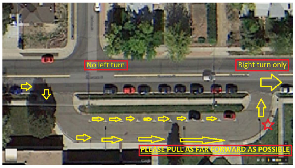 This image is an overhead, satellite-style view of a school or public area with a marked "Kiss and Go Lane" for vehicles. Several key traffic instructions are overlaid on the image in bold yellow and red text with directional arrows, as follows:

Top of the image: The street running horizontally across the top of the image has two labeled instructions:

On the left side, a yellow arrow points to the left, and the red text in a yellow box reads "No left turn."
On the right side, a yellow arrow points to the right, and the red text in a yellow box reads "Right turn only."
Center of the image: The main Kiss and Go Lane is shown with a series of yellow arrows curving through a parking area. These arrows indicate the flow of traffic, leading vehicles through the designated drop-off zone. There is a red star near the middle of the turn to indicate a particular point of interest (likely a drop-off point).

Bottom of the image: At the bottom, a bold yellow message in red text reads, "PLEASE PULL AS FAR FORWARD AS POSSIBLE." This likely instructs drivers to continue moving forward to maximize space and efficiency in the drop-off area.

Overall, the image uses yellow arrows to guide drivers through the designated lane, with key traffic rules (no left turn, right turn only, pull forward) displayed prominently in red text on yellow backgrounds.