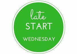 Light green circle with "Late Start Wednesday" in it in white lettering