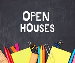 A chalkboard with the words 'Open Houses' in large, bold white letters at the top. Below the text is a row of colorful school supplies, including pencils, paper clips, sticky notes, and scissors. The background is dark for contrast.