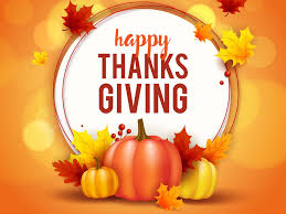 Illustration with a festive Thanksgiving theme. A white circular frame in the center displays the text 'Happy Thanksgiving' in orange and red. Surrounding the frame are pumpkins of various sizes in orange and yellow, accompanied by autumn leaves in shades of red, orange, and yellow. The background is a gradient of warm orange hues, adding to the seasonal ambiance.