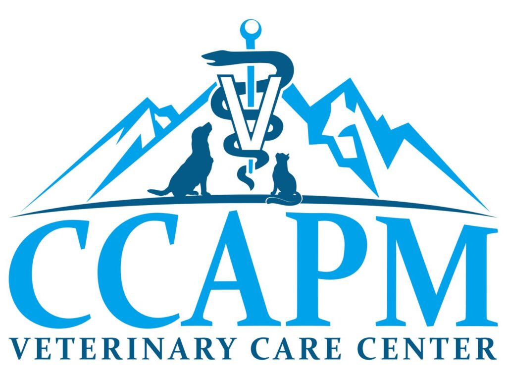 The logo for "CCAPM Veterinary Care Center" features bold blue text at the bottom. Above the text, a mountain range is depicted in blue with two animal silhouettes—a dog on the left and a cat on the right—sitting on a curved line. Between the animals is a large veterinary symbol: a snake coiled around a staff in the shape of the letter "V." The snake's head points upward, and a small circle sits at the top of the staff. The overall design conveys care, professionalism, and veterinary services.