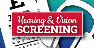 A graphic displaying the words 'Hearing & Vision Screening' in bold white letters against a red rectangular background. The image includes a partial view of an eye chart on the left and a white pair of headphones on the right, symbolizing vision and hearing tests.