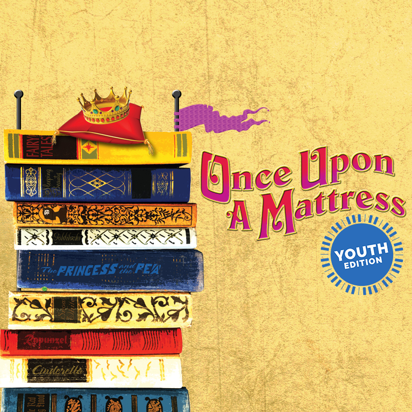 A playful, fairy-tale-themed illustration for the "Once Upon a Mattress: Youth Edition" musical. The background is textured gold, featuring a tall stack of colorful storybooks. Titles on the books include "The Princess and the Pea," "Fairy Tales," "Rapunzel," "Cinderella," and "Goldilocks." At the top of the stack lies a small red mattress crowned with a golden crown. A purple flag waves behind it. The show title is displayed in bright pink and yellow letters, with a circular blue badge reading "Youth Edition" in the lower right corner.