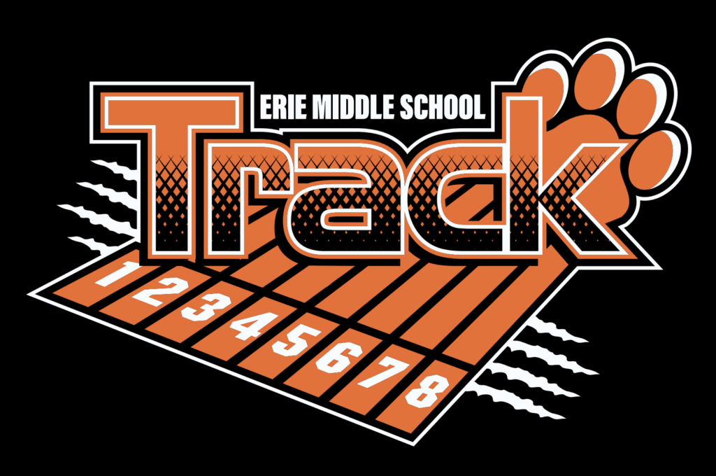 Erie Middle School Track logo featuring bold, stylized text. The word 'Track' is large, with an orange and black gradient design and a white outline. A running track with numbered lanes (1 to 8) extends from the text. Behind the word 'Track' is an orange paw print, symbolizing a mascot, with claw marks extending outward. The background is black for contrast.