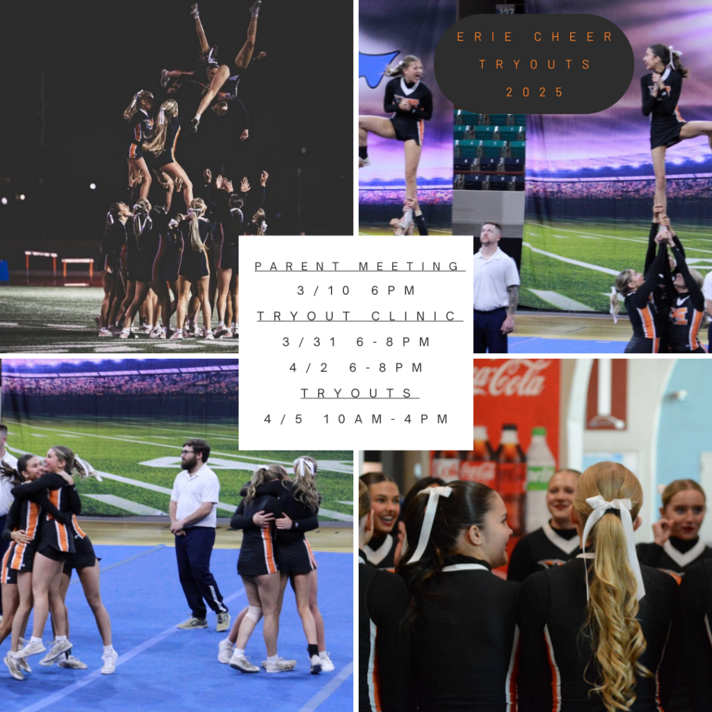 A collage of cheerleading photos featuring athletes performing stunts, celebrating, and preparing for tryouts. The text overlay announces "Erie Cheer Tryouts 2025" and provides important dates: a parent meeting on March 10 at 6 PM, tryout clinics on March 31 and April 2 from 6-8 PM, and tryouts on April 5 from 10 AM to 4 PM. The cheerleaders wear black and orange uniforms, and some images are set in a stadium or gymnasium.