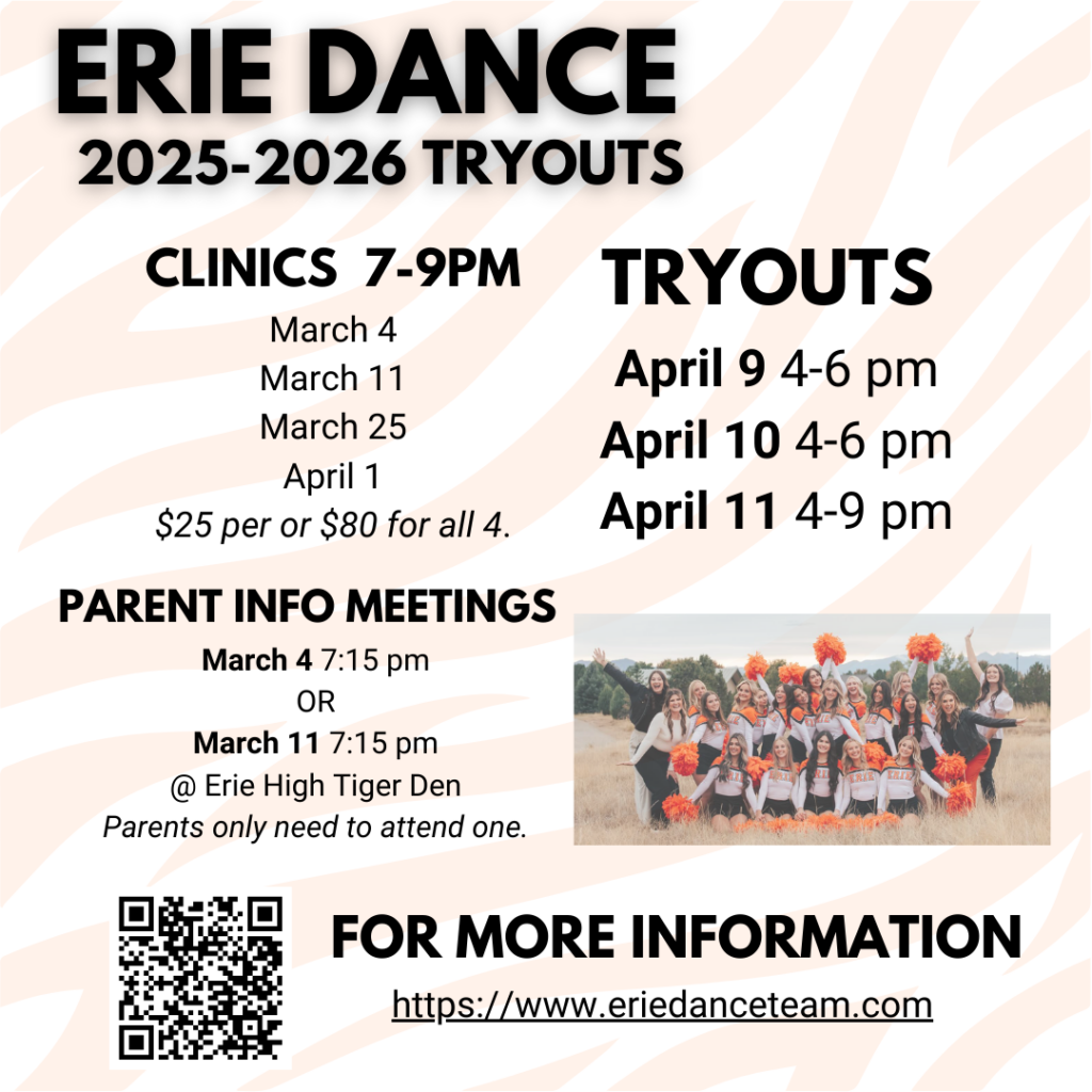 A flyer for Erie Dance 2025-2026 tryouts with a light zebra-striped background. The flyer includes bold black text detailing clinic dates (March 4, March 11, March 25, and April 1 from 7-9 PM) with a cost of $25 per clinic or $80 for all four. Parent information meetings are listed for March 4 and March 11 at 7:15 PM at Erie High Tiger Den, with a note that parents only need to attend one. Tryout dates are April 9 and April 10 from 4-6 PM and April 11 from 4-9 PM. A QR code and website link for more information are included. A small image in the lower right corner shows a group of dancers in white and orange uniforms holding bright orange pom-poms, posing outdoors.