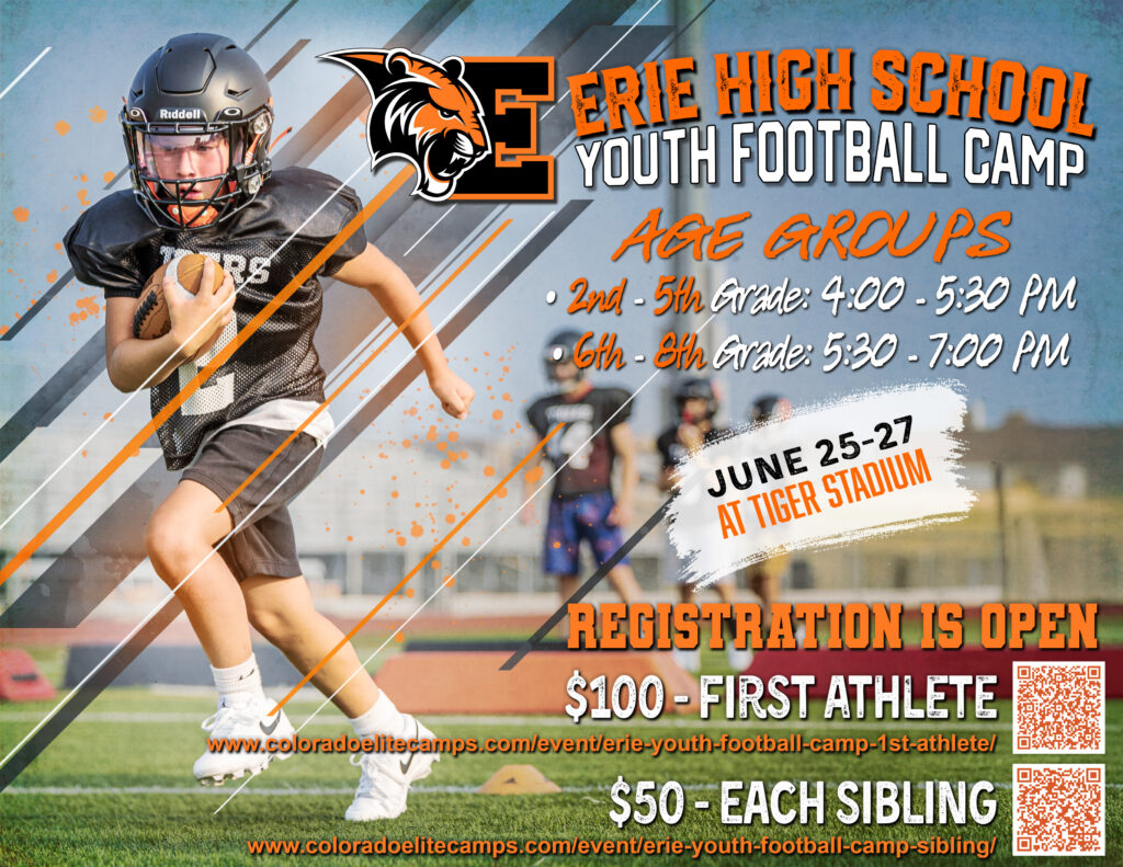 A promotional flyer for the Erie High School Youth Football Camp. The background shows a young football player in a black helmet and jersey running with the ball on a football field. The Erie Tigers logo and bold orange text read:

"ERIE HIGH SCHOOL YOUTH FOOTBALL CAMP"

Age Groups:

2nd – 5th Grade: 4:00 – 5:30 PM

6th – 8th Grade: 5:30 – 7:00 PM

Camp Dates: June 25–27
Location: At Tiger Stadium

Registration is Open

$100 – First Athlete
[Link with QR code]
www.coloradoelitecamps.com/event/erie-youth-football-camp-1st-athlete/

$50 – Each Sibling
[Link with QR code]
www.coloradoelitecamps.com/event/erie-youth-football-camp-sibling/

The design includes dynamic orange and white lines, paint splatters, and athletes in the background.