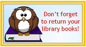 Cartoon owl sitting on a purple book with a yellow border around the image. Red text reads: 'Don't forget to return your library books!
