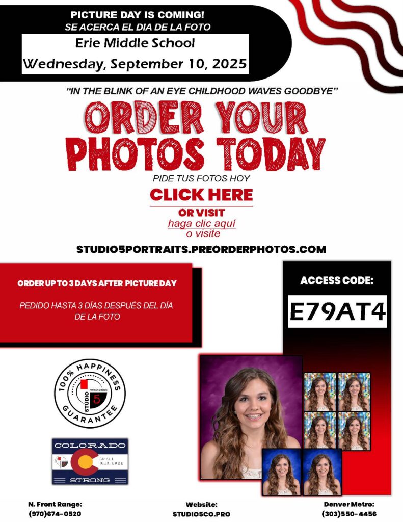Announcement for Picture Day at Erie Middle School on September 10, 2025, with ordering details and access code.