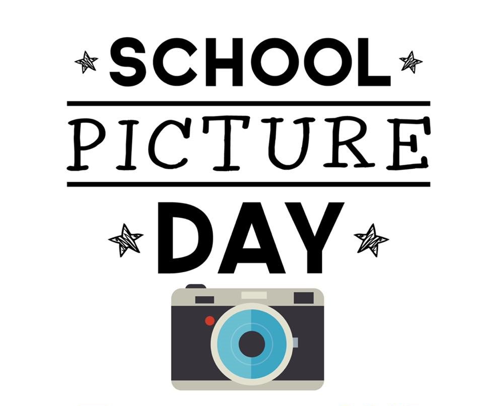 Graphic featuring text "School Picture Day" with a camera illustration and stars. Ideal for school event announcements.