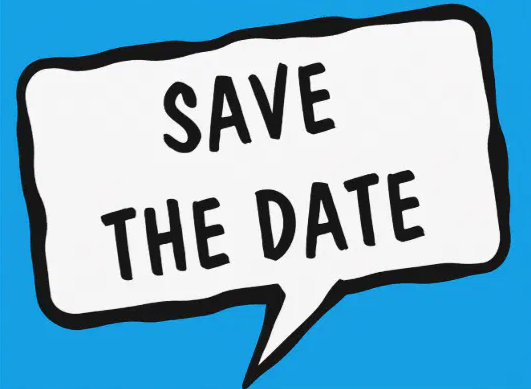 Text in a speech bubble says "Save the Date" on a bright blue background.