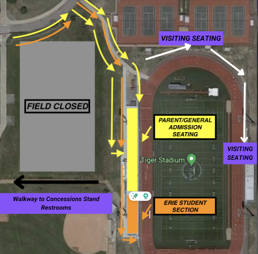 Map of Tiger Stadium showing seating areas, field closure, and pathways to concessions and restrooms.
