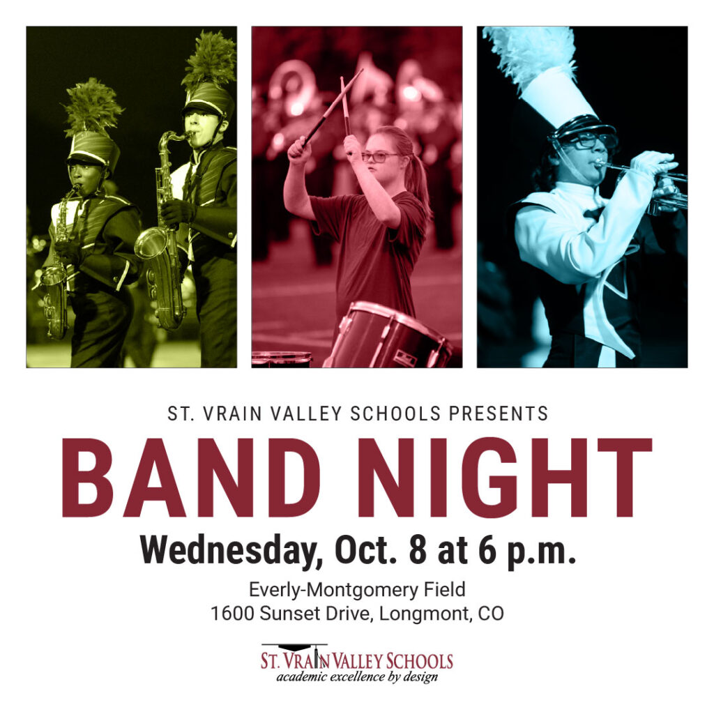 Band Night event poster featuring musicians and details: date, time, and location in Longmont, CO.