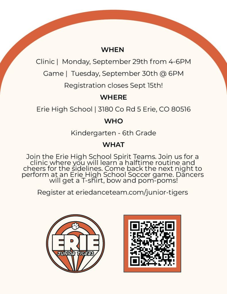 Erie Junior Tigers Flyer
Clinic Monday 9/29
Game Tuesday 9/30
Registration closes 9/15
