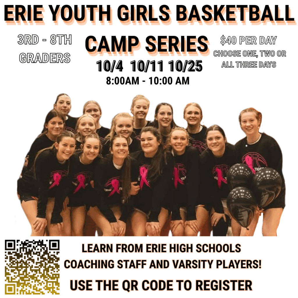 Group of girls in basketball attire smiling for a photo, promoting a youth basketball camp with details and a QR code.
