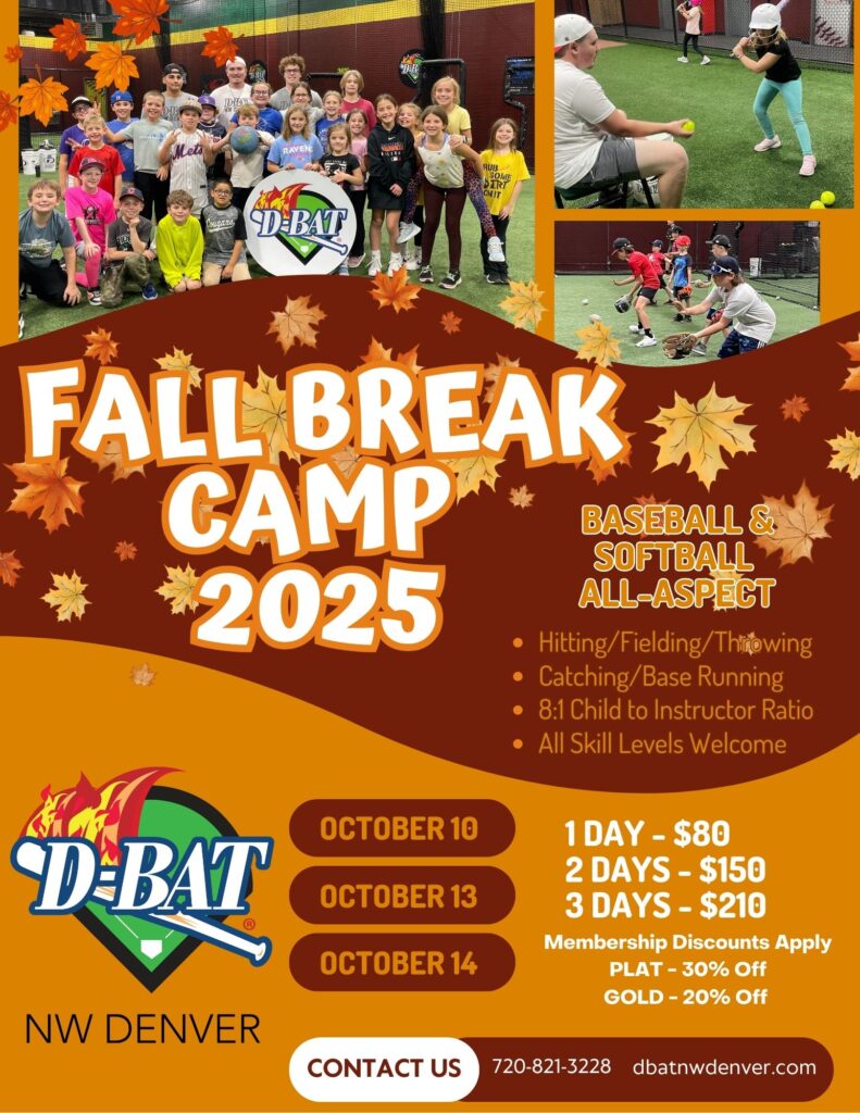 Group of children and instructors at a baseball and softball camp, with details about dates and pricing for 2025.