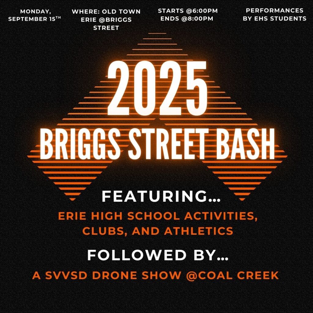 Event flyer for the 2025 Briggs Street Bash on September 15th, featuring Erie High School activities and a drone show.