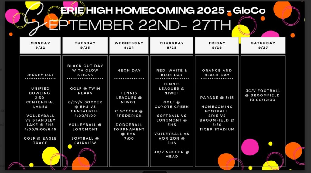 Schedule for Erie High Homecoming 2025, featuring themed days and sports events from September 22nd to 27th.