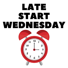 Text reads "Late Start Wednesday" above an illustration of a red alarm clock showing 12:00.