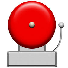 A red alarm bell with a silver base and a pull lever on the side.