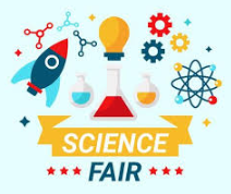 Colorful illustration of a science fair featuring a rocket, laboratory flask, light bulb, and atom symbols.