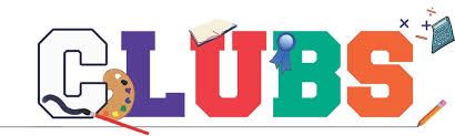 Colorful text spelling "CLUBS" with icons representing art, books, and activities, emphasizing creativity and community.