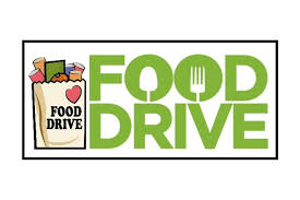 Logo for a food drive featuring a bag of groceries and the text "FOOD DRIVE" in bold green letters.