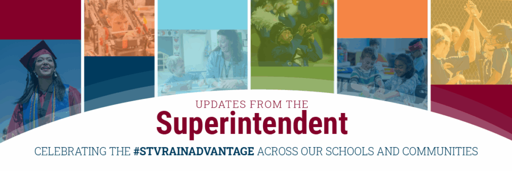 A graphic featuring diverse students and activities, with text about updates from the superintendent celebrating #STVRAINADVANTAGE.