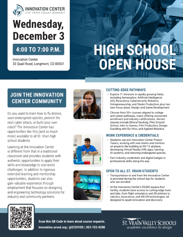 Event flyer for a high school open house at the Innovation Center on December 3, highlighting programs and opportunities.