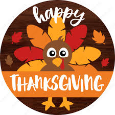 A cartoon turkey with colorful feathers and autumn leaves, with the text "Happy Thanksgiving" below it.
