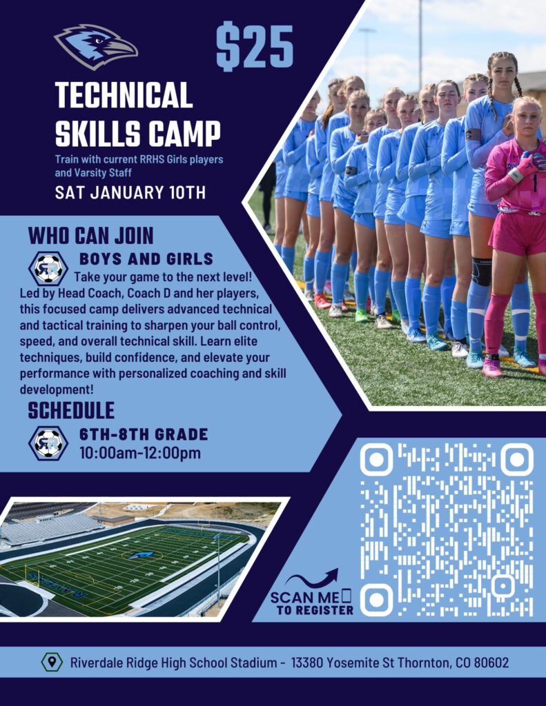 Promotional flyer for a $25 Technical Skills Camp for boys and girls, January 10th, at Riverdale Ridge High School.