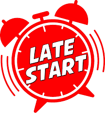 Red alarm clock graphic with the text "LATE START" in bold white letters.