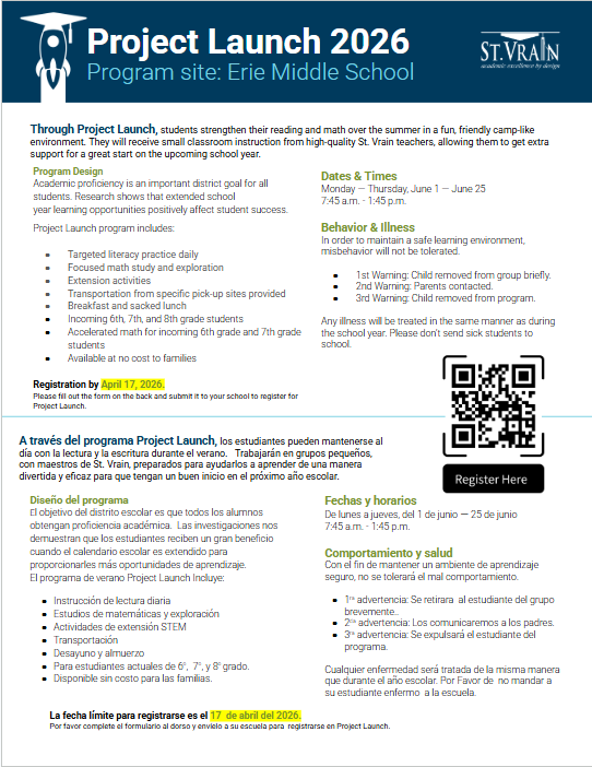 Informational flyer for Project Launch 2026 at Erie Middle School, detailing program features, schedule, and registration.