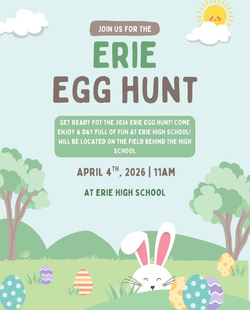 Promotional poster for the 2026 Erie Egg Hunt at Erie High School on April 4, featuring a bunny and colorful eggs.