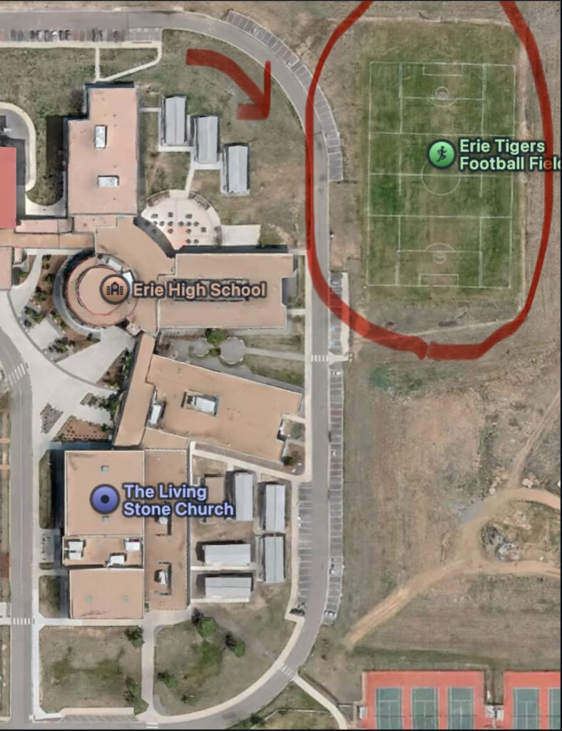 Aerial view of Erie High School and The Living Stone Church, with the Erie Tigers Football Field marked nearby.