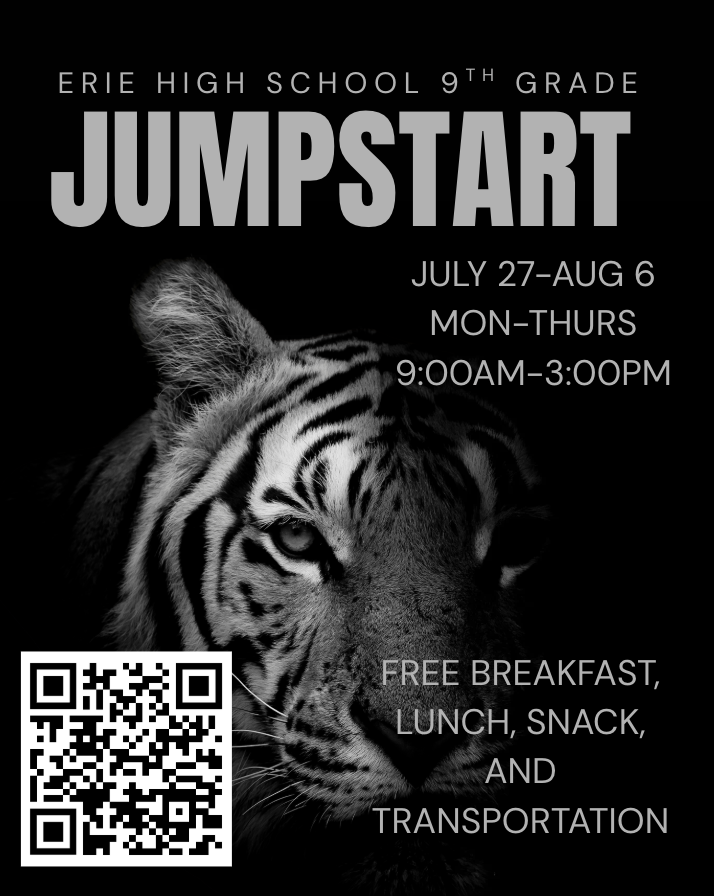 Promotional flyer for Erie High School's 9th Grade Jumpstart program, featuring a tiger and event details.