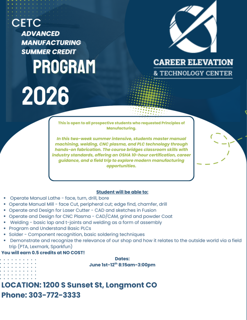 Promotional flyer for CETC's Advanced Manufacturing Summer Program 2026, detailing skills, dates, and contact info.