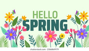 Colorful flowers and leaves surround the text "Hello Spring" on a light green background, celebrating the season.
